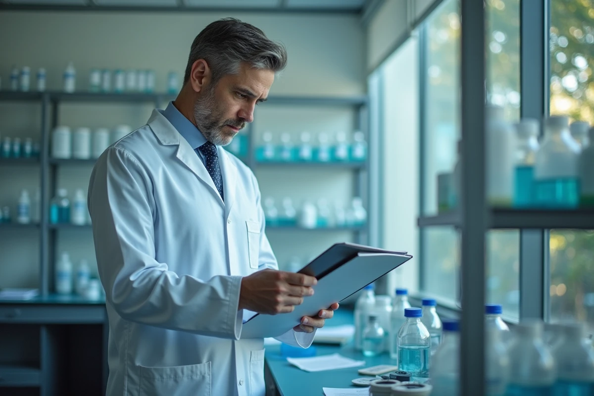 Scientifique en laboratoire examinant un clipboard