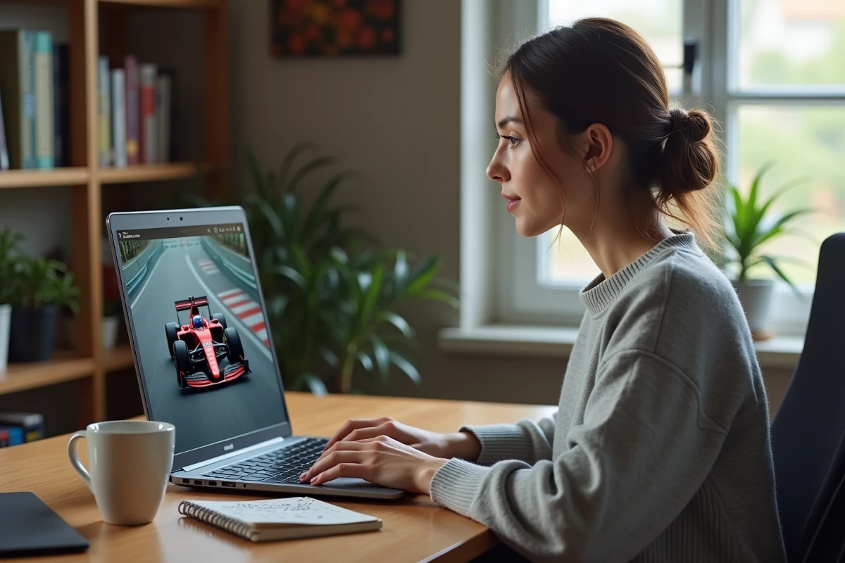 Femme regardant la F1 en streaming sur RTBF Auvio depuis un ordinateur portable à la maison