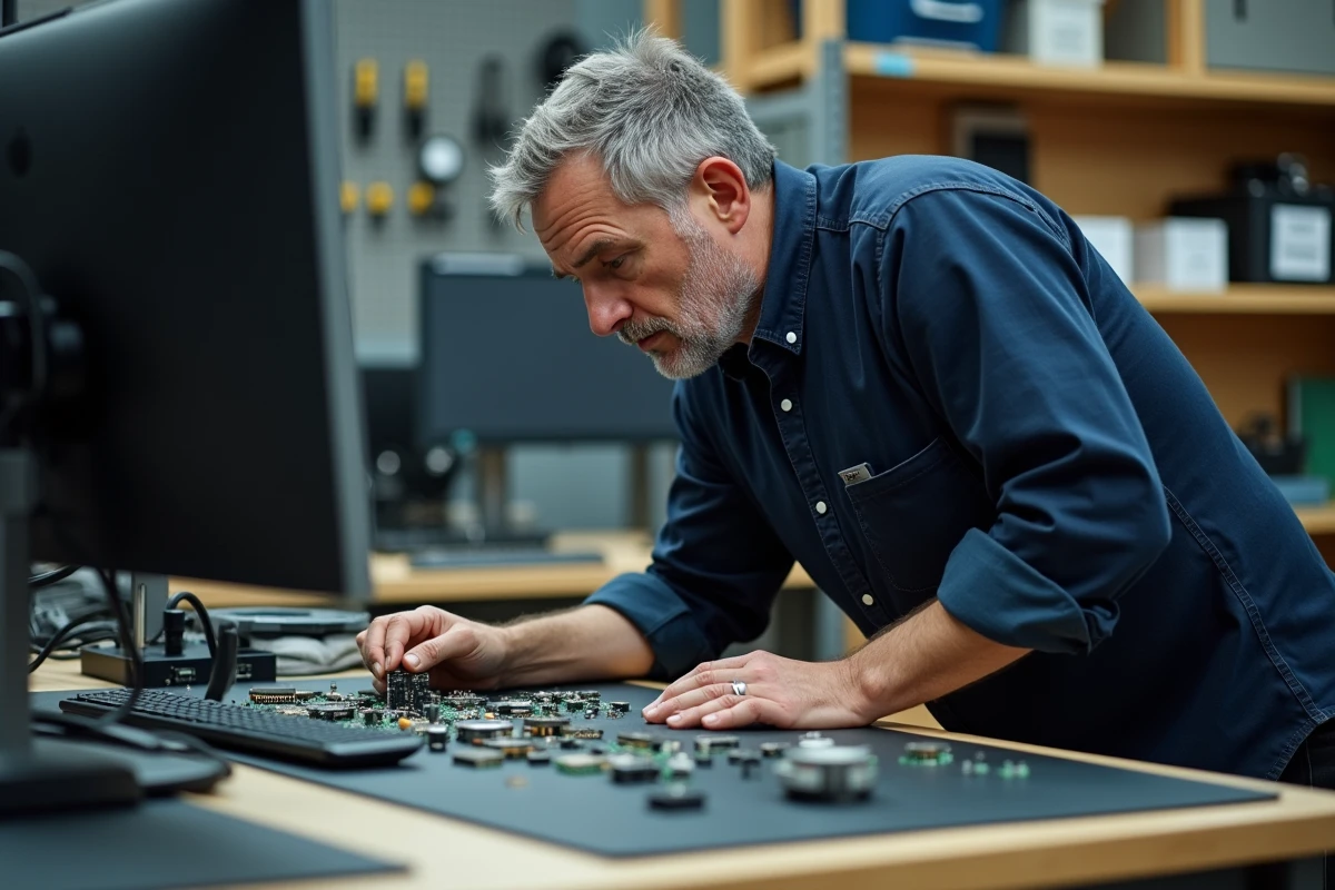 Technicien informatique analysant des composants hardware sur un établi professionnel avec double écran