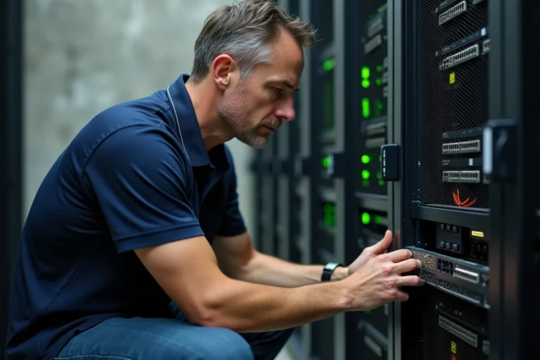 Technicien réseau inspectant un ancien routeur Wi-Fi dans une salle serveur, illustrant le fonctionnement du Wi-Fi Legacy